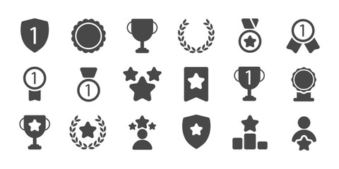 Set with award, award with number 1, one, trophy cup, trophy cup with star winner medal, trophy star, user with rating vector icon 