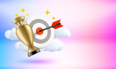 Shoot on goal concept. Target, dart and golden trophy. 3d vector banner with copy space