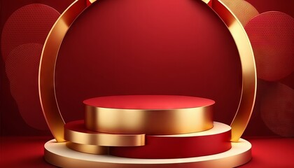 Luxury gold podium 3d stage on red background with golden round presentation product display stand. Generative ai