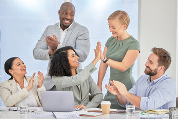 High five, finance business people and success of stock market investment team in a office. Trading, winner and teamwork motivation of a corporate group with happiness from trading achievement