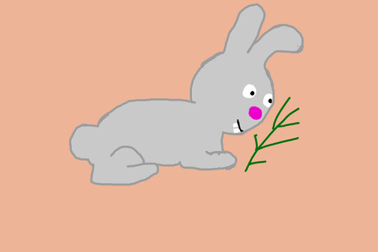 Gray rabbit with a sprig of greenery, on a peach background. Children's drawing