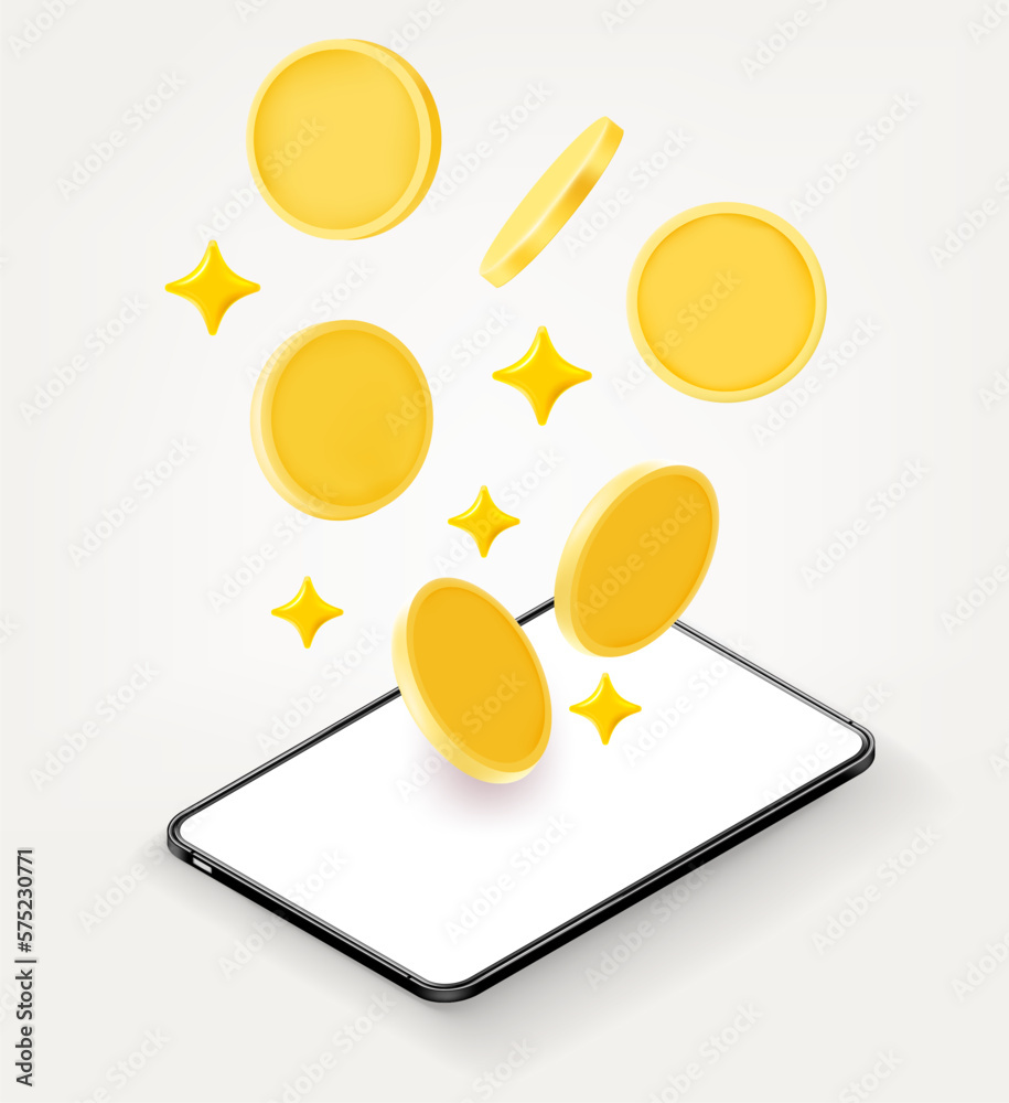 Poster tablet computer with golden coins. 3d vector illustration isolated on white background