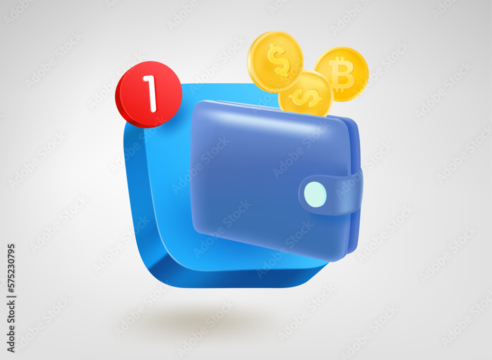 Poster Money transfer wallet app. 3d vector mobile application icon with notification