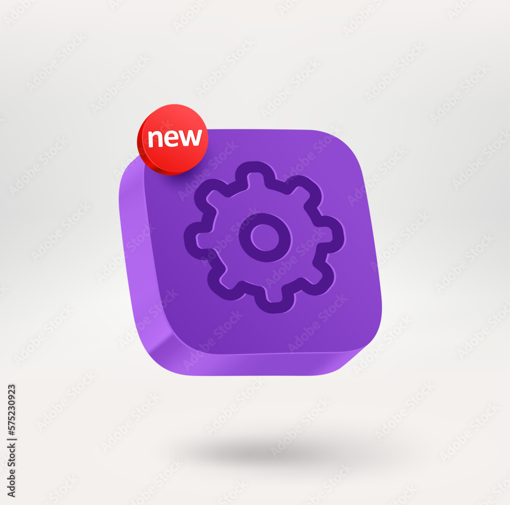 Poster Gear button with NEW label. Mobile application icon. 3d vector icon isolated on white background