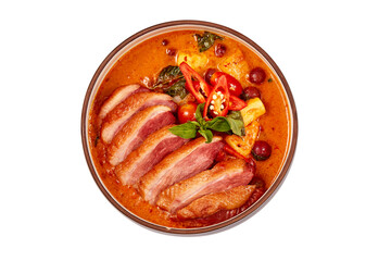 Top view of Red curry with roasted duck isolated on white background, this food contains such as...