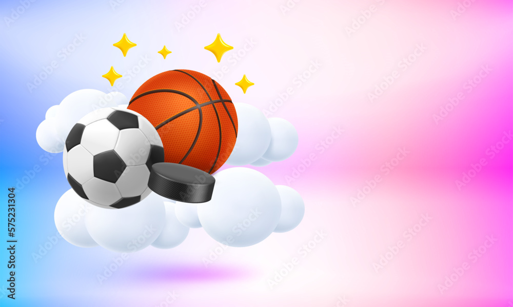 Poster balls and puck in a sky. sport games concept. 3d vector banner with copy space