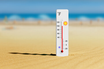 Fahrenheit scale thermometer in the sand. Ambient temperature plus 100 degrees