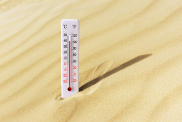 Hot summer day. Celsius and fahrenheit scale thermometer in the sand. Ambient temperature plus 41...
