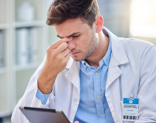 Headache, stress and tired doctor on tablet with anxiety, pain or overworked for healthcare...
