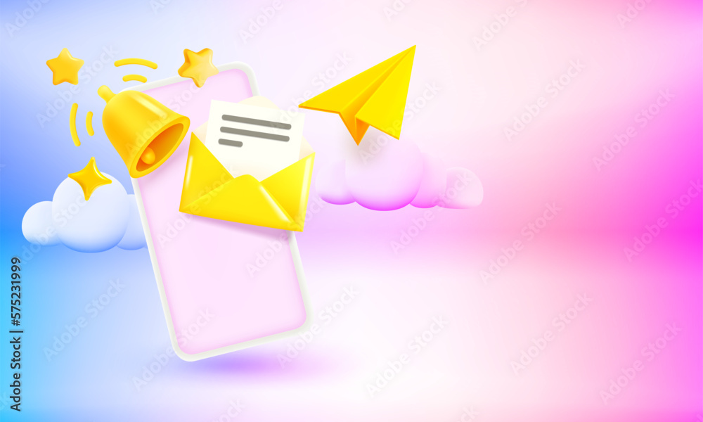 Poster modern smartphone with letter, plane and bell. 3d vector banner with copy space