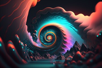 Acid wave or Synth wave style psychedelic landscape Illustration. Created using Generative AI