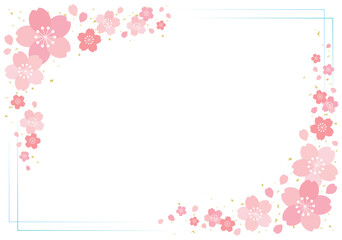Fototapeta na wymiar 桜の花と細ラインの四角フレーム 背景/水色
