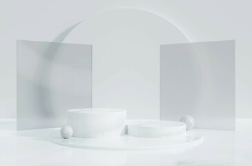 Abstract white background concept and marble stone texture.Geometric platform show cosmetic product.3D display podium on white background.Stand Minimal mockup for presentation.Stage showcase.3D render