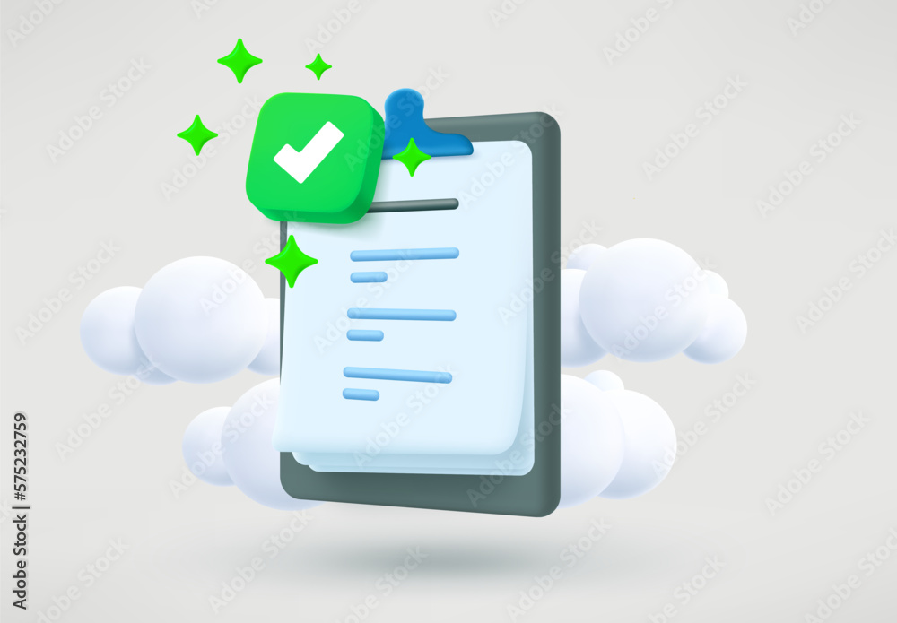 Poster Text on the clipboard. Approved business report concept with check mark. 3d vector illustration