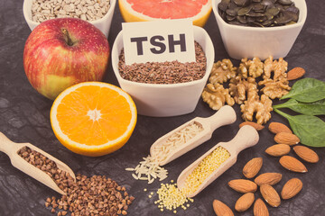 Products and ingredients as source vitamins and minerals. Beneficial eating for thyroid gland