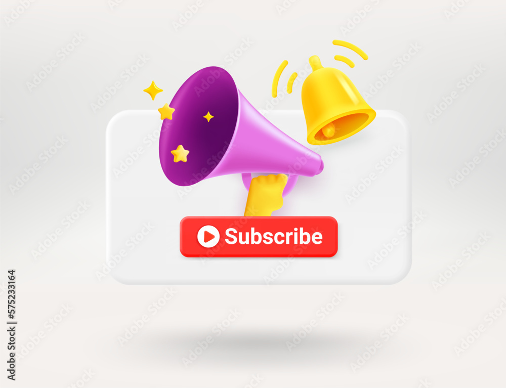 Poster pop up window with red button, golden bell and bullhorn. subscribing news concept. 3d vector illustr