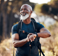 Hiking, man and smart watch for travel in nature forest for trekking, fitness and cardio exercise....