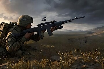 Fototapeta premium Army soldier with a rifle on a battlefield, military warrior, sniper war, military warrior, virtual sci-fi shooting game, camouflage weapon, machine gun, generative ai