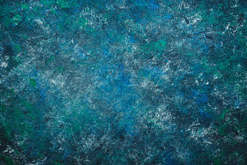 Green, blue, gray spotted scratched painted grunge texture or background with grain elements. Image with place for text. Template for design