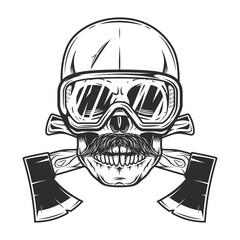 Skull and safety glasses with mustache and crossed wooden axe business woodworking or lumberjack emblem construction builder tool