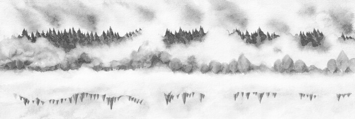 Nature landscape. Black and white illustration. Trees in fog, sky and lake or river. Artistic nature background. Watercolor on textured paper. - 575236134