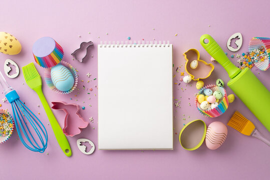 Easter concept. Top view photo of copybook kitchen utensils whisk rolling pin brushes colorful easter eggs in paper baking molds and sprinkles on isolated lilac background with empty space