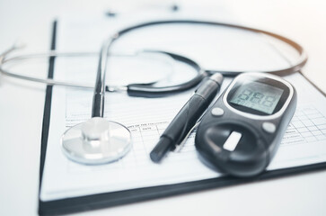 Stethoscope, medical and diabetes equipment with and clipboard for checklist, documents or healthcare. Medicine, research and information with paperwork for life insurance, analysis or consulting