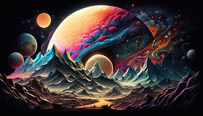 A Journey Through the Mountains and Planets in Cosmic Space, Ai, Ai Generated