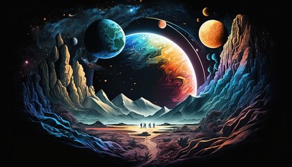 A Journey Through the Mountains and Planets in Cosmic Space, Ai, Ai Generated