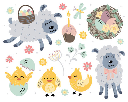 Set Of Vector Illustrations On The Theme Of Easter Spring Lamb With A Basket Of Eggs Flowers Chickens