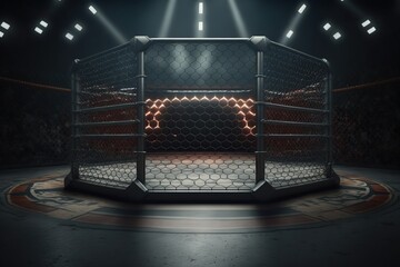 Ring arena for boxing fight and MMA championship competitions. Ai. Background with stage surrounded with chainlink fence and spotlights  - obrazy, fototapety, plakaty