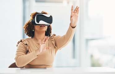 VR, touching and woman with glasses for a simulation, digital project and system. Business, ai and employee in corporate working with an interactive, futuristic and virtual reality program online
