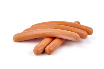 Boiled sausages with basil, isolated on white background.
