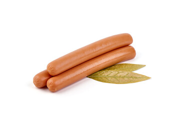 Boiled sausages with basil, isolated on white background.