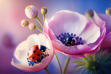 Ladybug on beautiful pink flowers in spring nature.