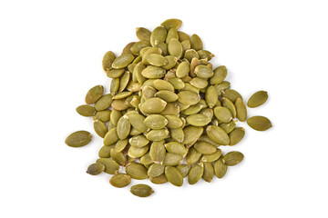 Pumpkin seeds or pepitas, isolated on white background.