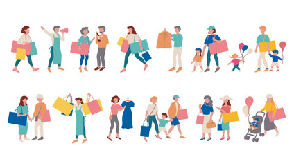 Fototapeta na wymiar 楽しそうに家族などでショッピングを楽しむ人々のベクターイラスト素材 Vector illustration of people happily enjoying shopping with their families.