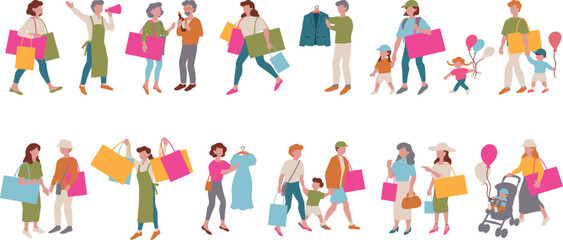 楽しそうに家族などでショッピングを楽しむベクターイラスト素材 Vector illustration of people happily enjoying shopping with their families.