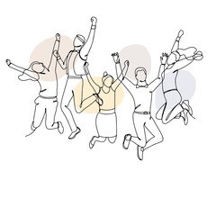 Single line drawing of jumping people, men and women with pastel abstract shapes. Linear hand drawn doodle on white background