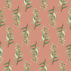 Watercolor greenery seamless pattern, floral texture on pink background