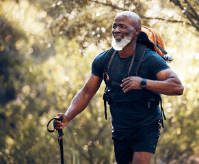 Fitness, hiking and walking with black man in forest for freedom, health and sports training. Exercise, peace and wellness with senior hiker trekking in nature for travel, summer break and adventure