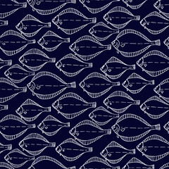 Fish flounder pattern hand drawing. A simple pattern with fish on a blue background. For print.