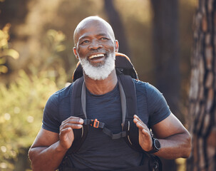 Senior black man hiking in nature for outdoor discovery, fitness walking and forest travel journey....