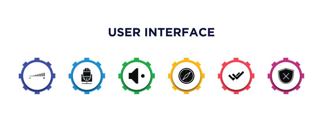 user interface filled icons with infographic template. glyph icons such as volume, voice recorder, low volume, navigator, double checking, desactivate vector.