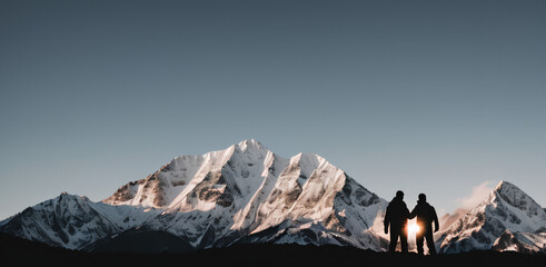 Silhouette of two person on top of mountain peak. / Holding Hands / coaching goal, success and...