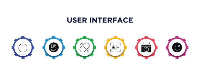 user interface filled icons with infographic template. glyph icons such as turn off, number, unlink, auto focus, first date, smile smile vector.