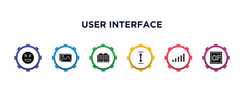 user interface filled icons with infographic template. glyph icons such as evil smile, images, book opened at center, height, level, cf vector.