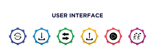 user interface filled icons with infographic template. glyph icons such as alu, download arrow, opposite directions, upload button, right arrow play button, industrial action vector.