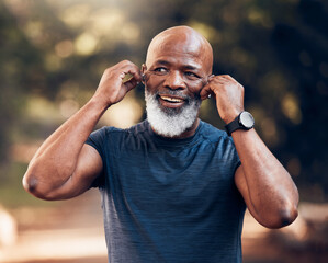 Black man, listening to music and smile for fitness and exercise outdoor in nature for cardio....