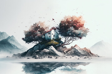 a watercolor landscape with a modern and minimalist twist, using creative design elements such as the use of negative space and clean lines. Generative AI
